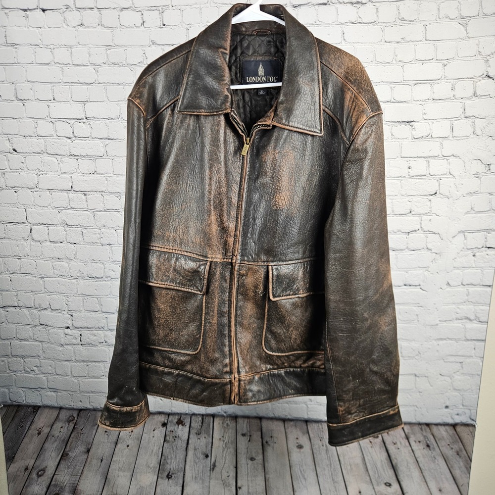 London Fog Mens Distressed Brown Leather Jacket XL Quilted Lined Full Zip Bomber